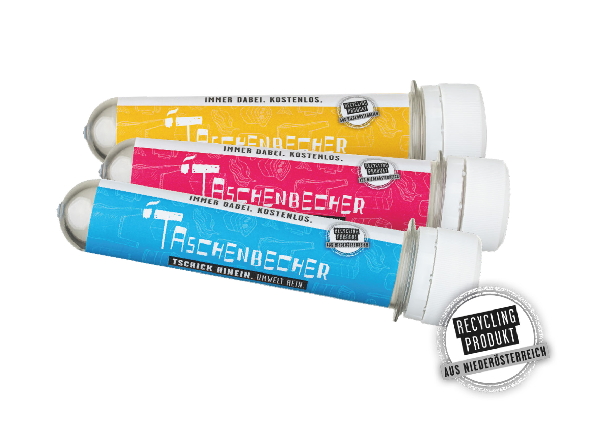 Der Taschenbecher: Eine kompakte Plastikröhre mit Schraubverschluss in verschiedenen Designs.